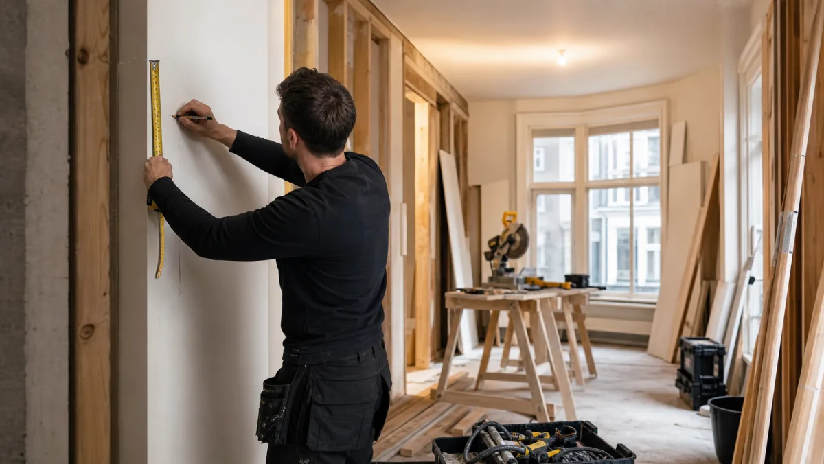 Vakman meet een wand tijdens een complete interieurverbouwing