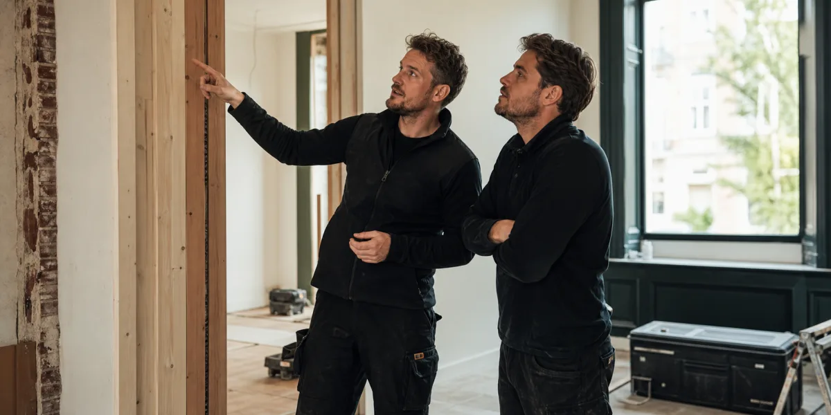 Vakmensen bespreken samen een renovatiedetail in een woning
